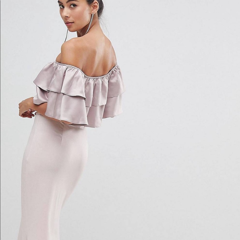 Silver Bloom Bardot Neck Maxi Dress. Ruffle Detail